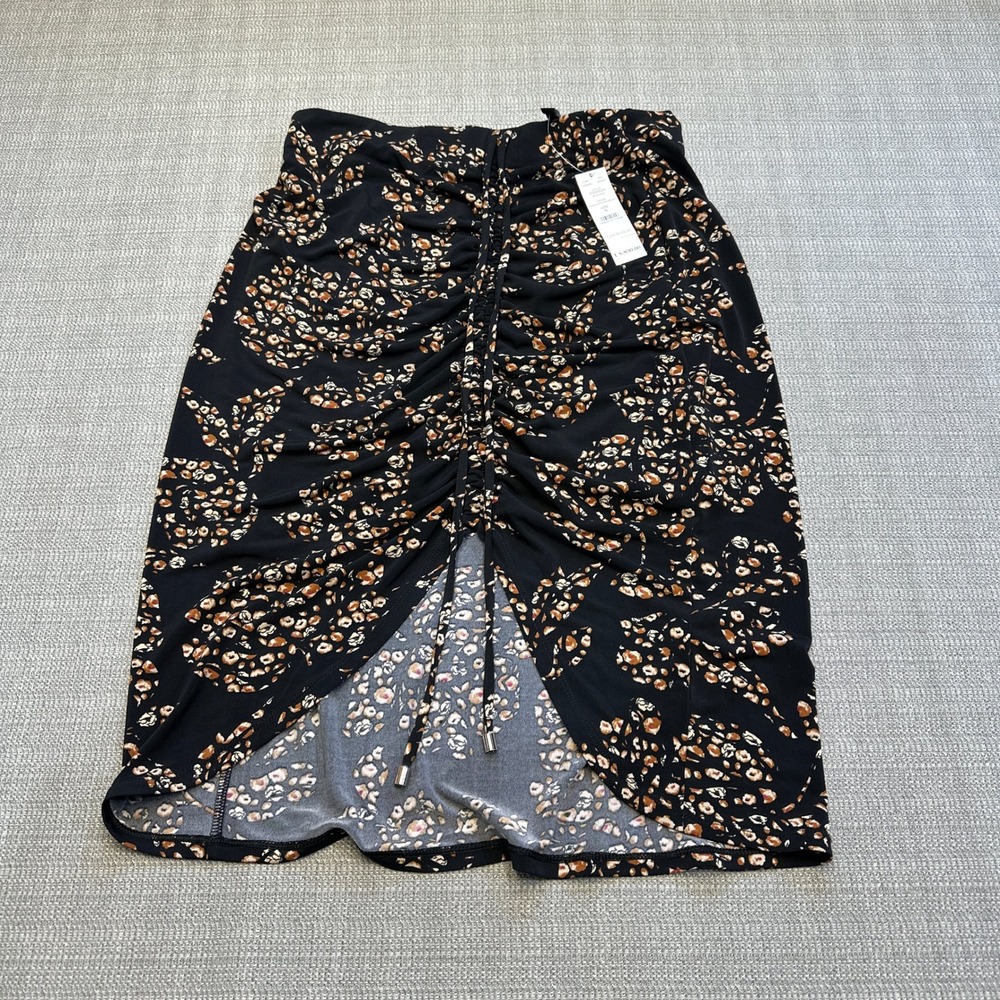 White House Black‎ Market Small Midi Skirt Ruched Black Poppies Floral NEW